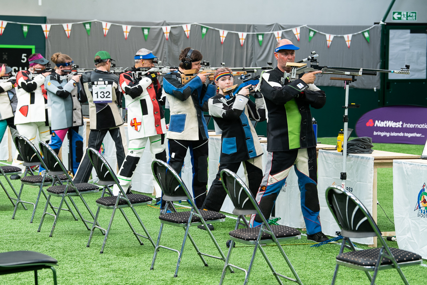 Island Games Guernsey 2023 IG 2023. Shooting at Aztech Centre, Hougue du Pommier. ISSF 10m Air Rifle - Team - Open. Fourth from right Paul Guillou of Guernsey winner and second from right Paige Fryer of Jersey  who came second                Picture: ROB 
