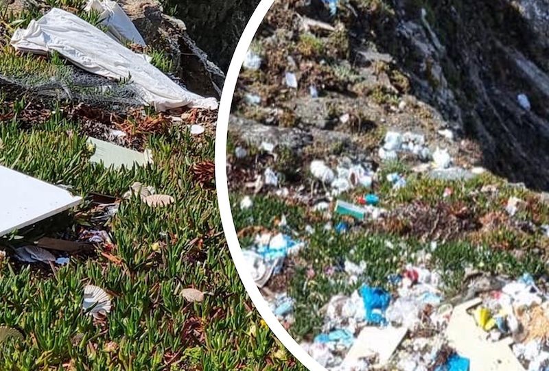 Heaps of rubbish strewn across the Pleinmont Headland