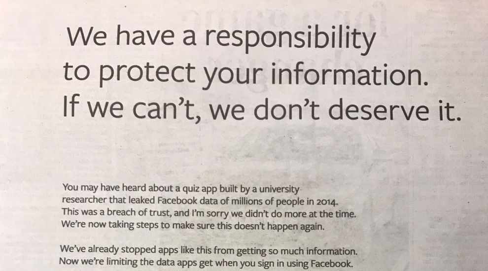 Facebook has taken out full page adverts in newspapers to apologise for ‘breach of trust’