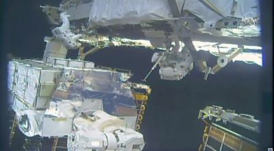 All-female spacewalking team carrying out battery work at space station